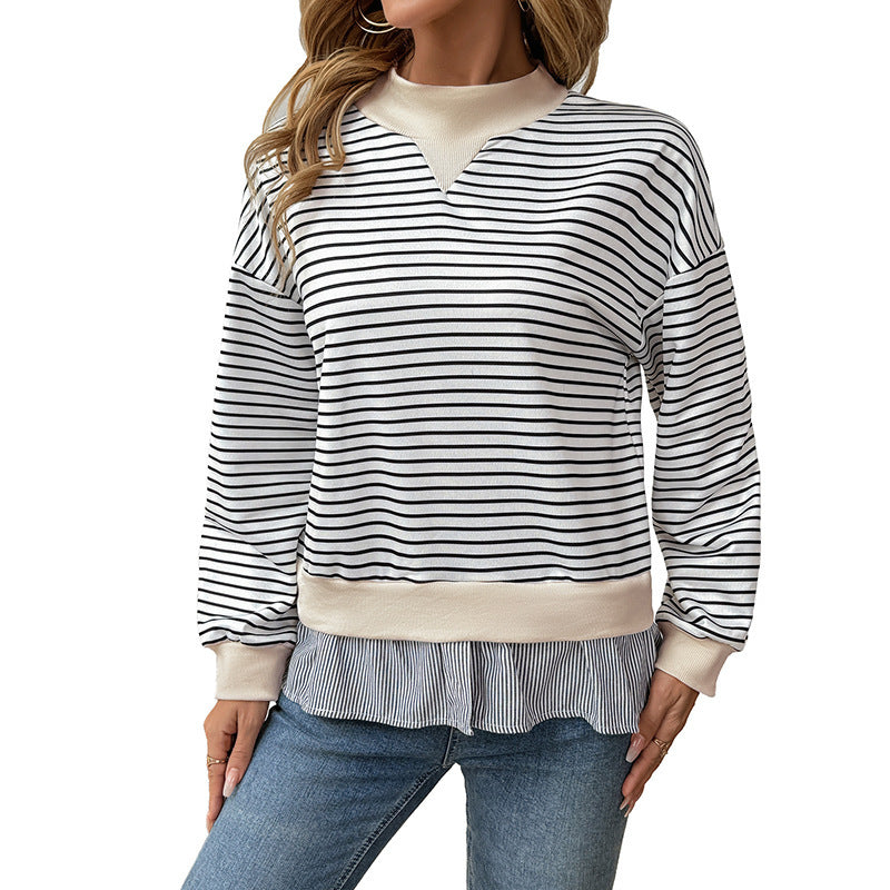 Women's Long-sleeved T-shirt Round Neck Striped Stitching