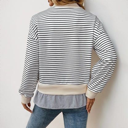 Women's Long-sleeved T-shirt Round Neck Striped Stitching