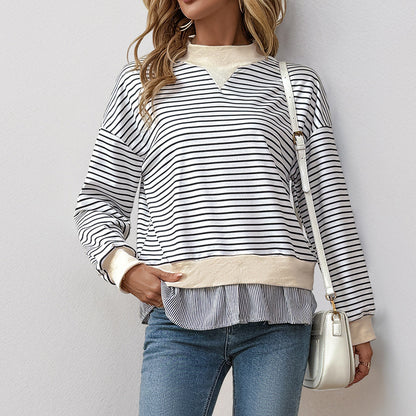 Women's Long-sleeved T-shirt Round Neck Striped Stitching