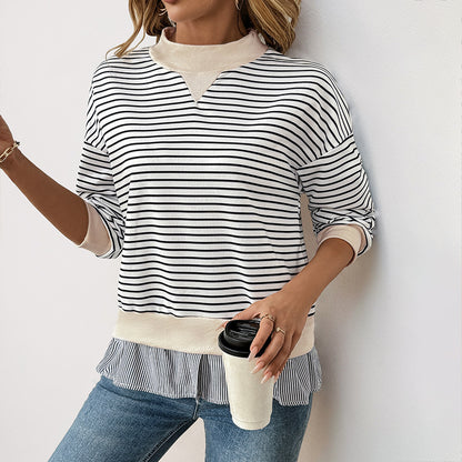 Women's Long-sleeved T-shirt Round Neck Striped Stitching