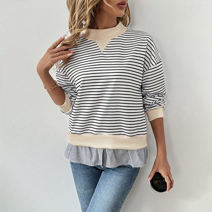 Women's Long-sleeved T-shirt Round Neck Striped Stitching